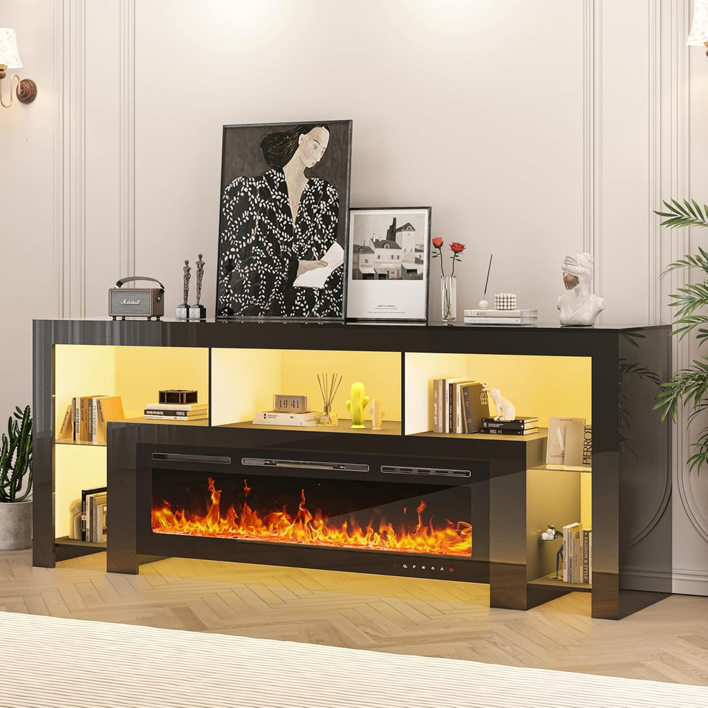 94.5 Inch Fireplace TV Stand for TVs up to 100 Inches, Gaming LED Entertainment Center with 50 Inch Electric Fireplace, High Gloss Media Console, Black