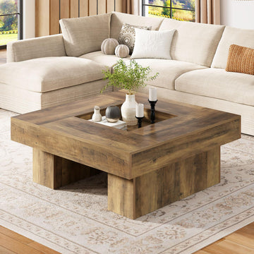39"x39" Large Square Wood Coffee Table Rustic Oak