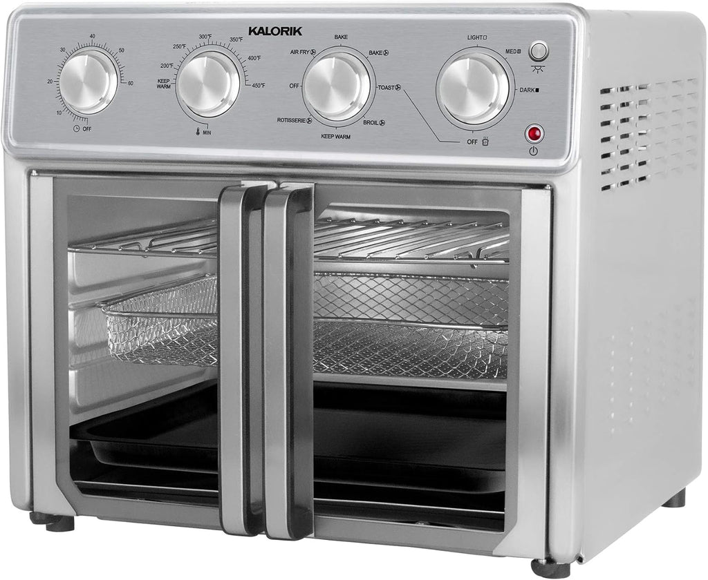 MAXX Air Fryer Oven, 26 Quart 9-in-1 Countertop Toaster Oven and Air Fryer Combo - Fry, Bake, Roast, Rotisserie, & More, Large Glass French Doors & 7 Accessories, 1700-Watts, Stainless Steel