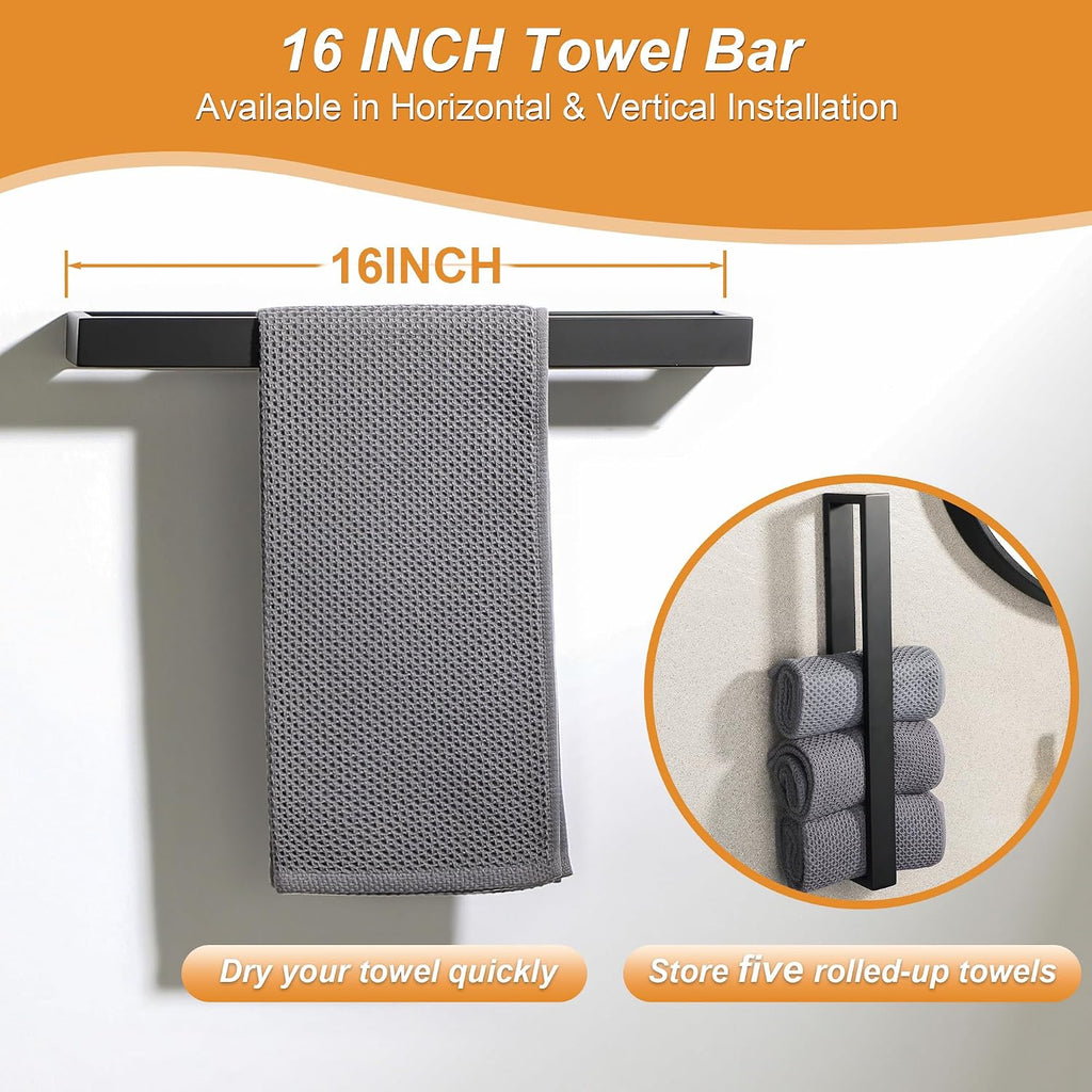 7-Piece Bathroom Hardware Set Black, Includes 16 Inch Towel Bar, Towel Ring, Toilet Paper Holder & 4Pcs Coat Hooks