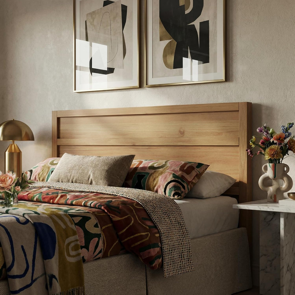 Serene Solid Wood Panel Headboard with Clean-Line Design, King, Stained Pine, Easy Assembly, Quality Materials