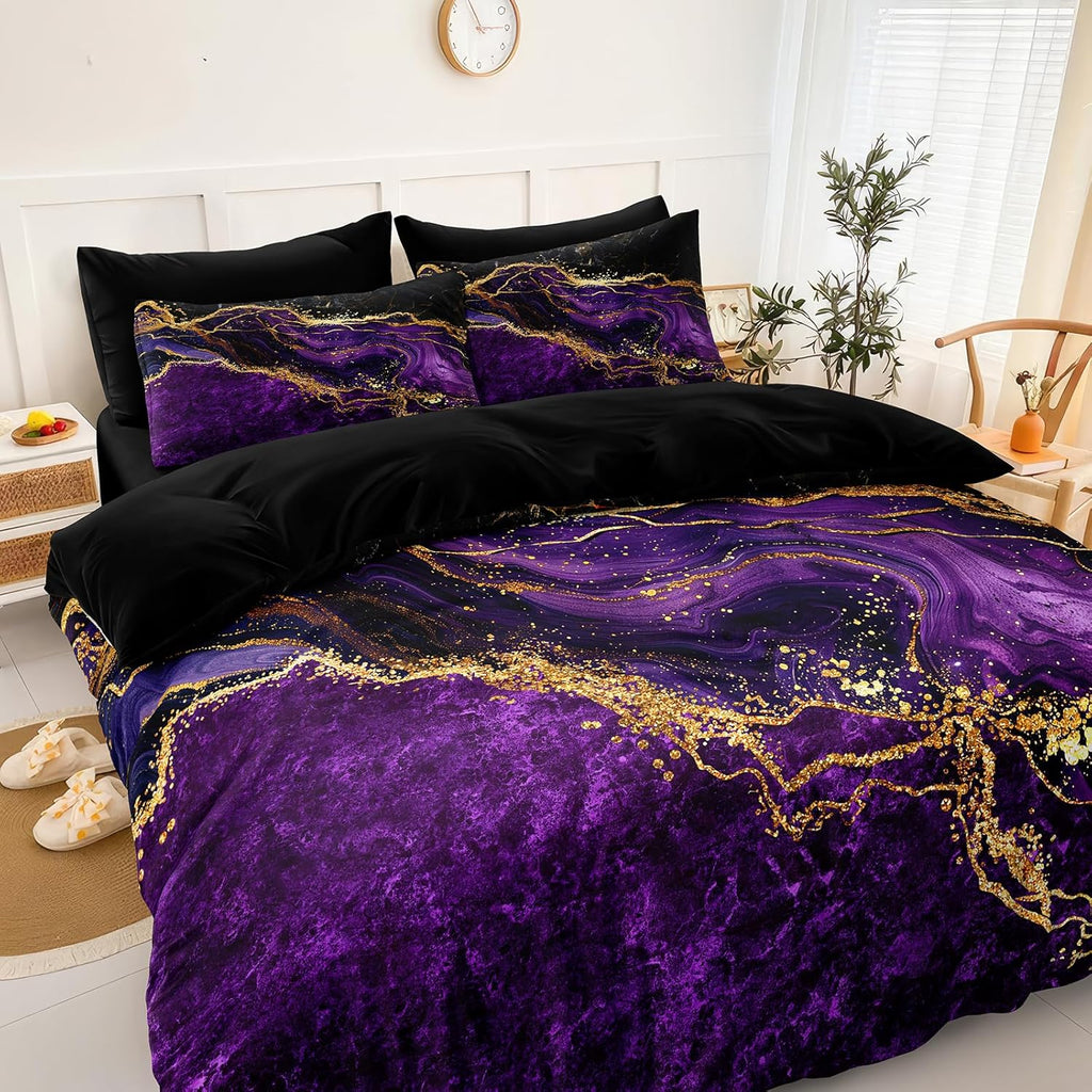 Black Gold Comforter Set Purple Marble Bedding Set Black Marble Stone Abstract Artwork Bedroom Decor Black Marble