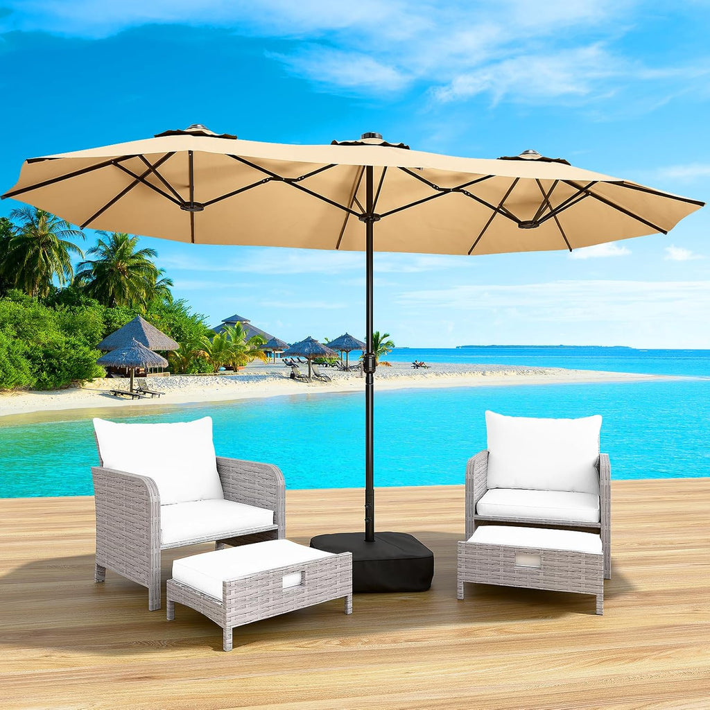 15FT Double-Sided Patio Umbrella with Base Included, Large Outdoor Rectangular Market Umbrella Khaki