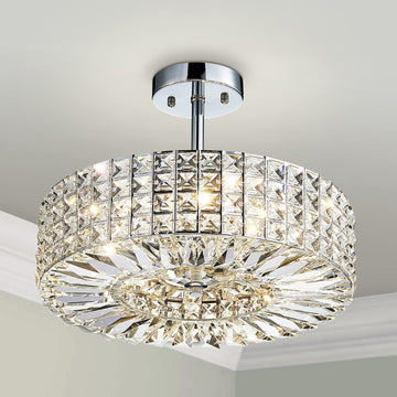 Modern Crystal Semi Flush Mount with 5 Lights,K9 Crystal Ceiling Light,Close to Ceiling Light Fixture for Dining Room,Livingroom,Bedroom,H11 X D16