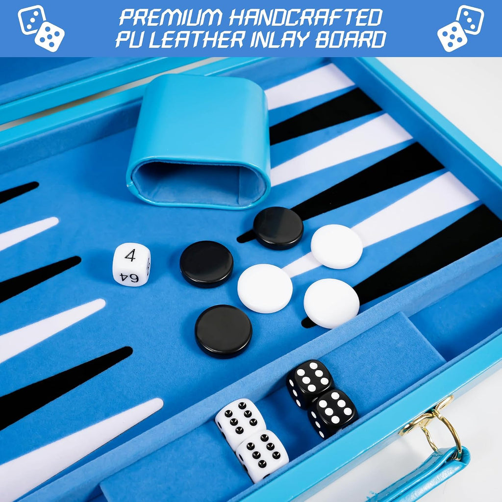 Light Blue 15 Inch Backgammon Sets for Adults, Classic Board Game - Set of 39