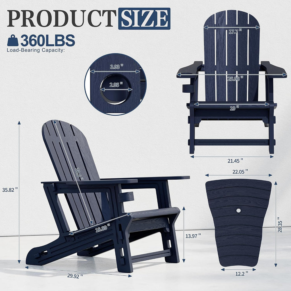 Adirondack Chairs Set of 2 with Removable Tabletop, Outdoor HDPE Plastic Fire Pit Chair Set with Wooden Textured, Cup