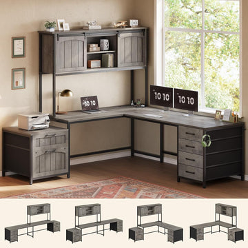 Farmhouse L Shaped Office Desk with 6 Drawer, Reversible Computer Desk with Power Outlet, Hutch/Two Person