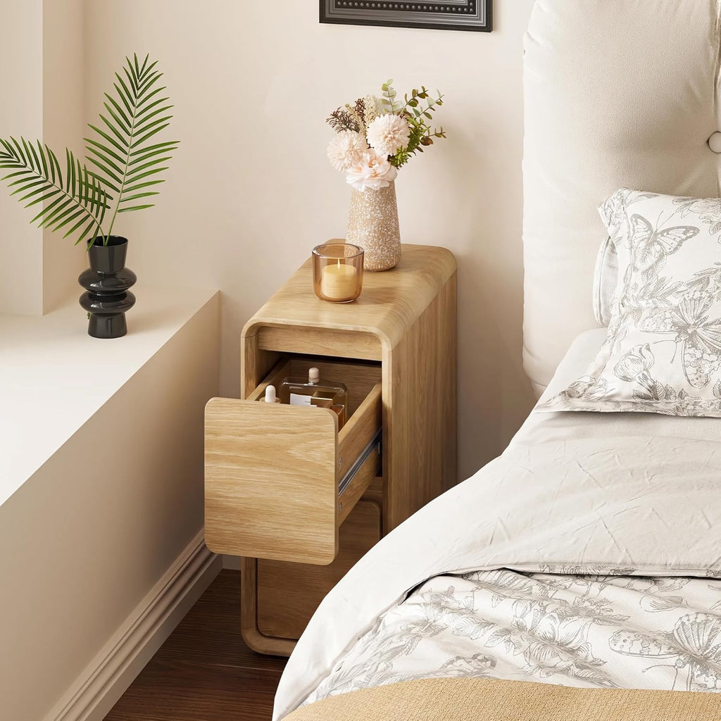 Narrow Night Stand with 2 Drawers,Mid Century Modern Small Nightstands Wooden Dresser Skinny Bedside Table, Curved