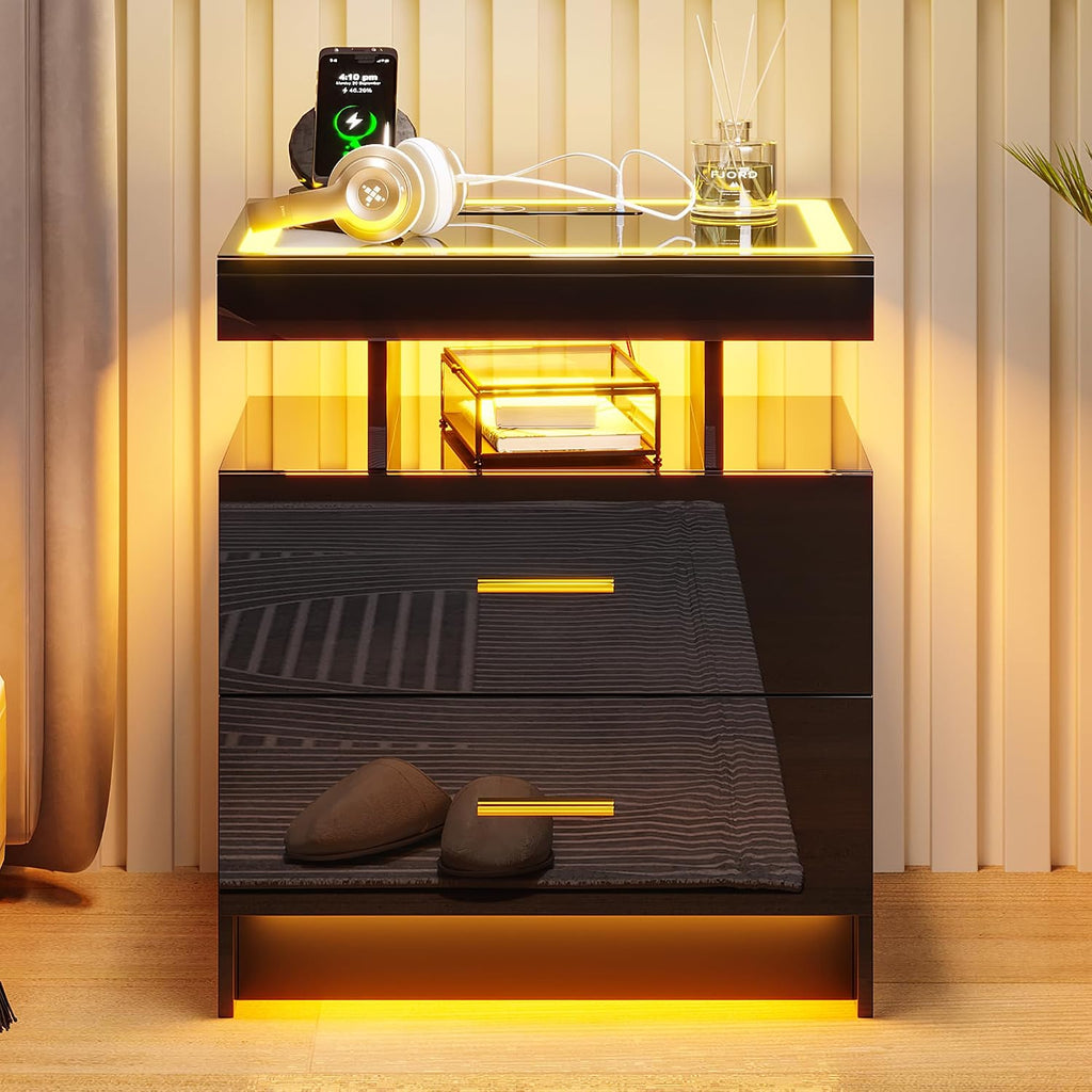 LED Nightstand with Charging Station (USB,Type-C Ports) High Gloss Bedside Table with 2 Drawers, Smart Night Stand