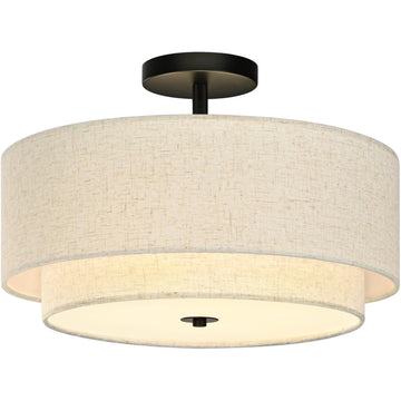 3 Light Semi Flush Mount Ceiling Light Fixture 15.7 Inch Modern Black Drum Ceiling Light Fixture with 2-Layer Fabric