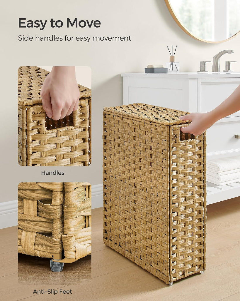Slim Laundry Hamper with Lid, 14.5 Gallon (55L) Rattan Clothes Laundry Basket with Lid and Handles, Foldable