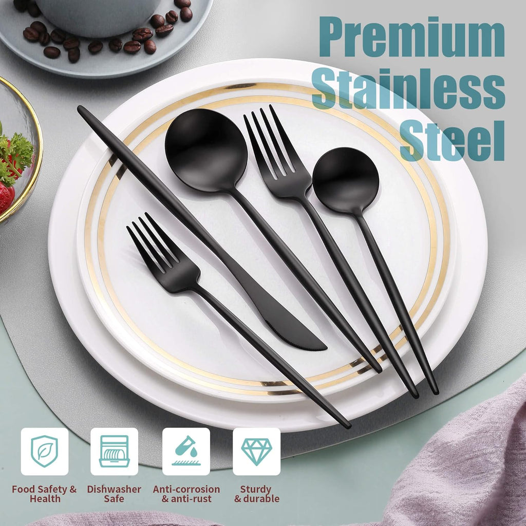 Matte Black Silverware Set for 6,Modern Stainless Steel Brushed Cutlery Set,30-Pieces Heavy Duty Flatware Set