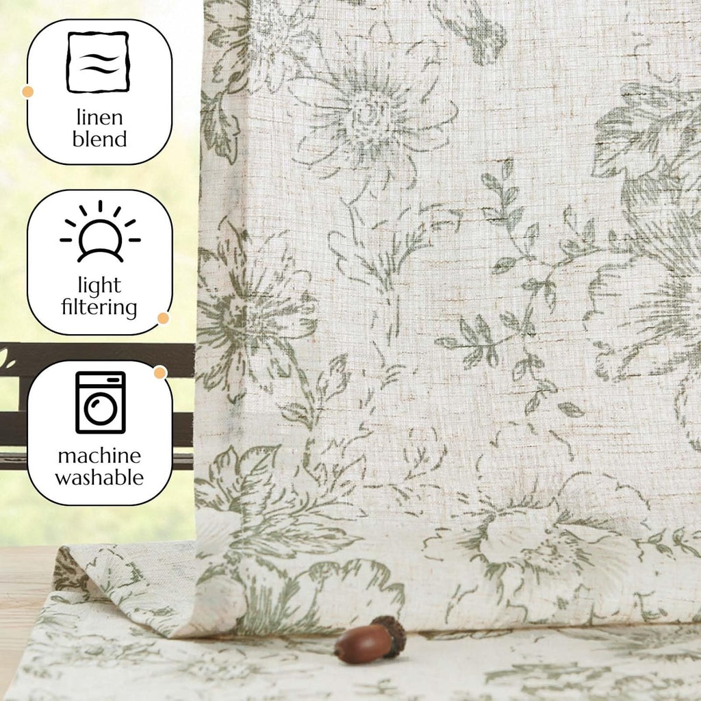 Linen Valance Curtain Farmhouse Sage Green Floral Window Valance, French Country Flower Drapes for Kitchen