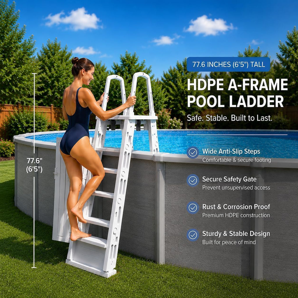 Above Ground Pool Ladder & Step System with Lockable Safety Gate, Adjustable Height, Wide Non-Slip Steps, Heavy-Duty