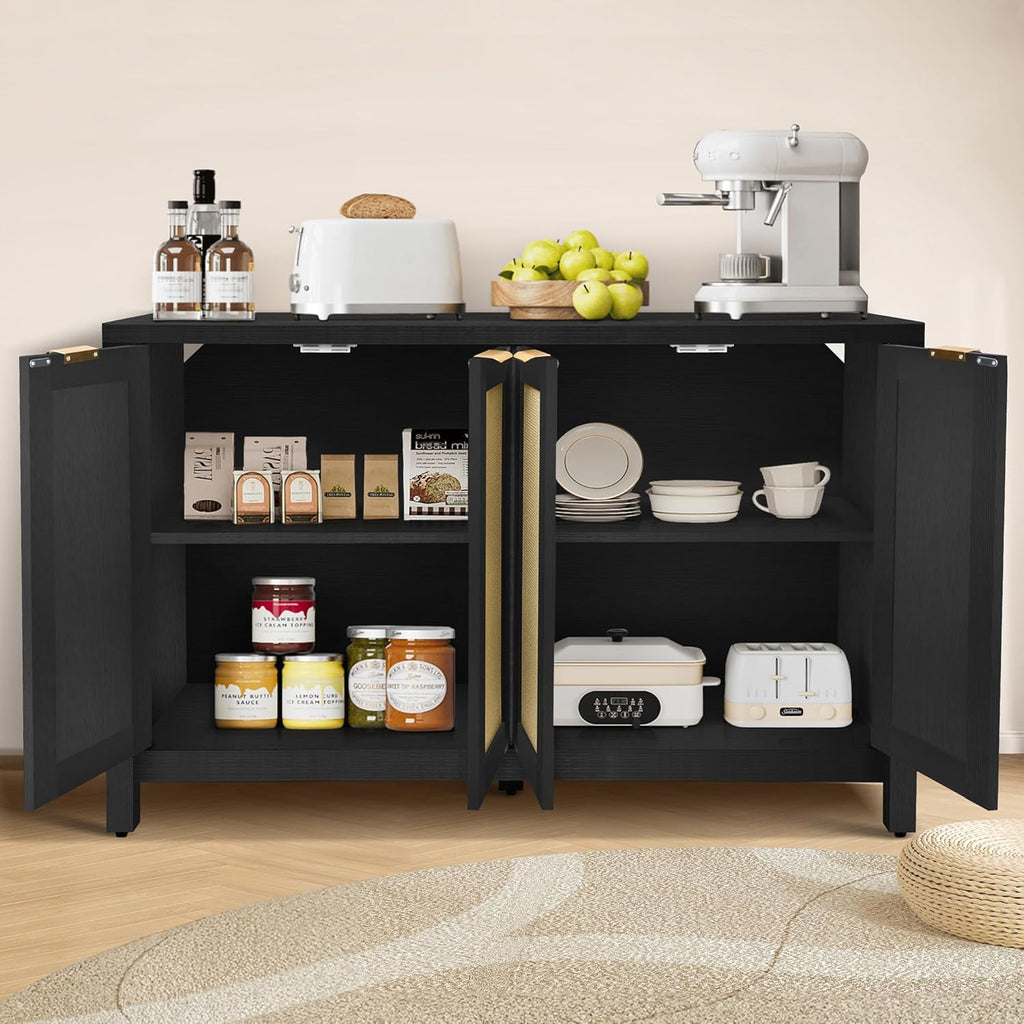 Rattan Sideboard Buffet Credenza Cabinet - Large Farmhouse Kitchen Coffee Bar Cabinet with 4 Rattan Door Storage for Entryway Living Room, 55" x 15" x 31.5" (Black)