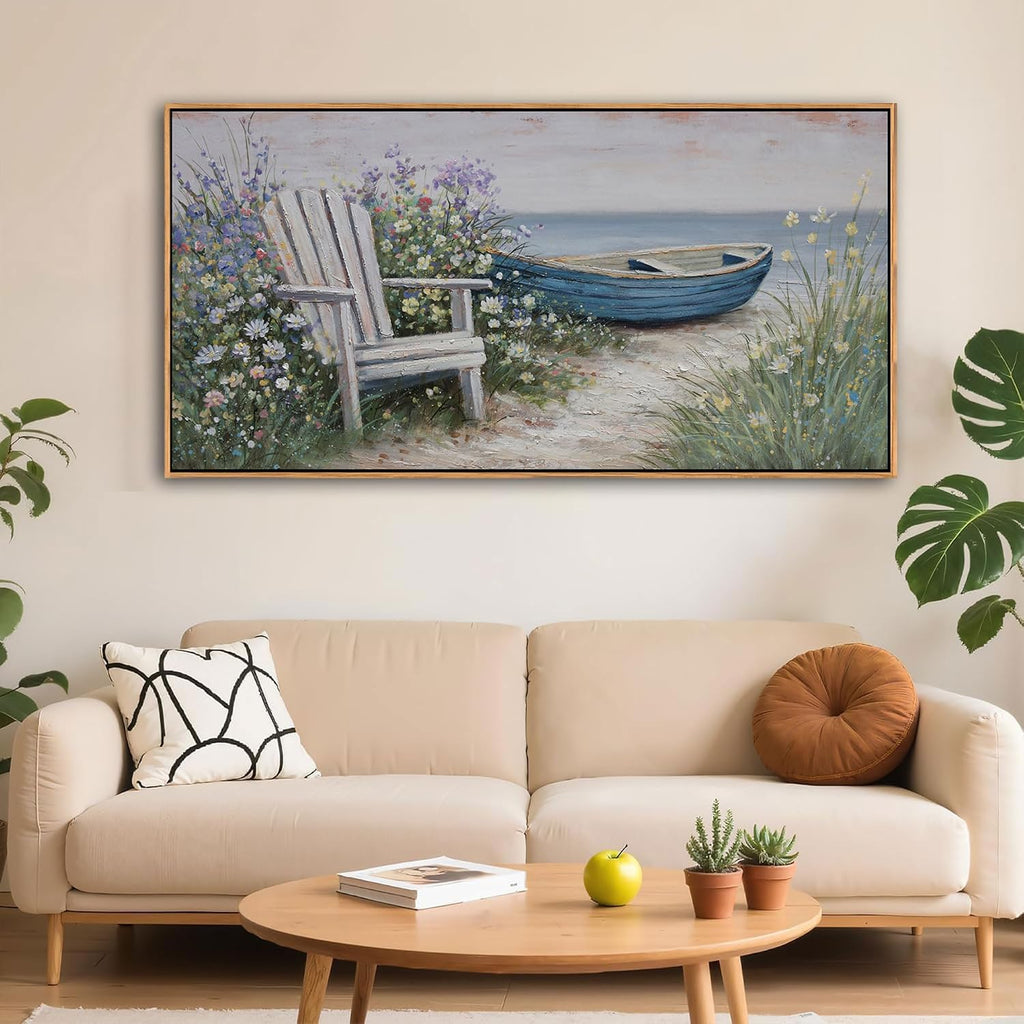 Large Coastal Canvas Wall Art - Ocean Landscape Canvas Wall Decor Picture Blue Boat Beach Scenery Painting & Coast