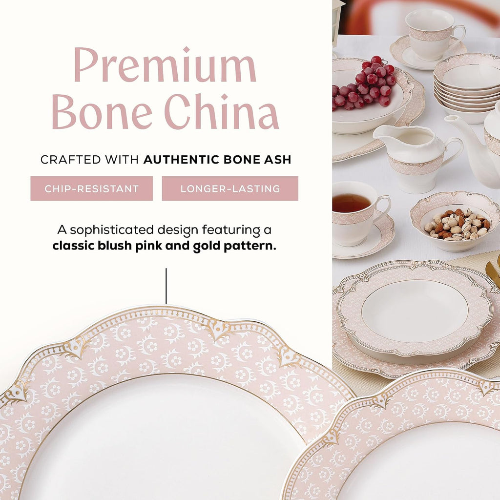 Sandra" 57-Piece Bone China Dinnerware Set, Service for 8, Blush Pink and Gold