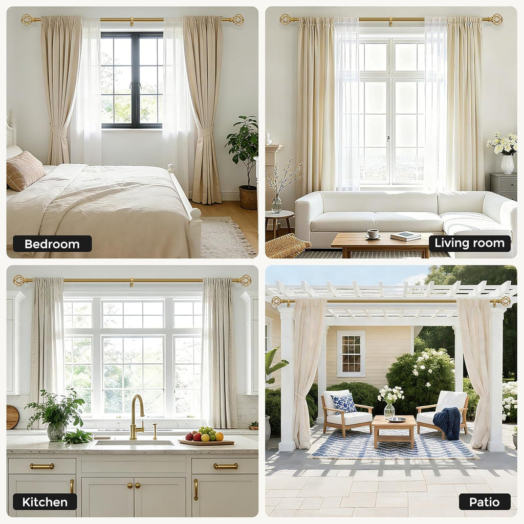 Gold Curtain Rod, Brushed Brass Decorative Curtain Rods for Windows with Twisted Cage Finials, 3/4"