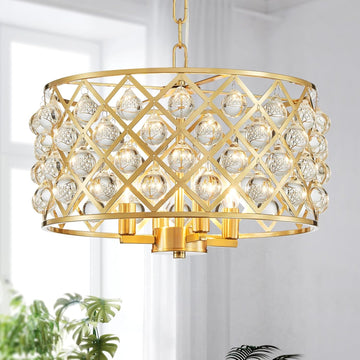 Gold Crystal Chandelier for Dining Room, 4-Light Drum Pendant Lighting Fixture, Raindrop Chandelier for Bedroom, Living Room, E12 Socket, D15xW15xH8