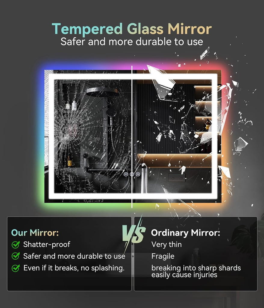 28" x 20" LED Vanity Mirror with RGB Backlight and Front Light, Anti-Fog Color-Changing Bathroom Mirror