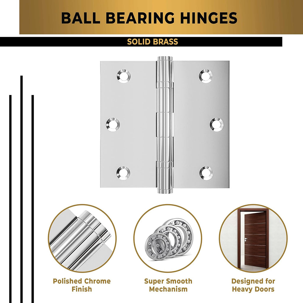 Solid Brass Chrome Door Hinge Heavy Duty Ball Bearing Shiny Silver 3.5 x 3.5 Inch - Set of 2 Hinges (Polished Chrome)