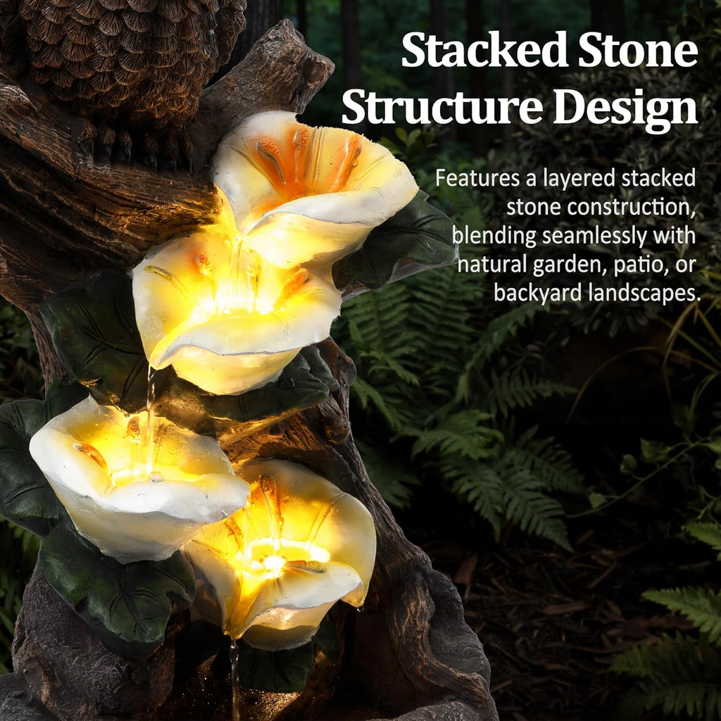 28.3" Tall Outdoor Water Fountain, 5 Tier Cascading Bowls and Stacked Water Fountain with LED Lights Décor, and Deck