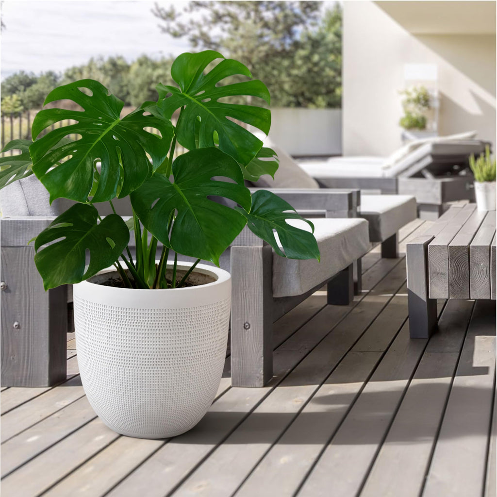 12 Inch Dia Round Fiberstone Planter - White Matte Decorative Flower Pot with Drainage Hole, Lightweight Durable