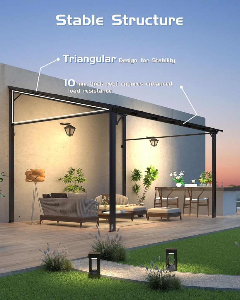 10' x 12' Lean-to Gazebo, Wall-Mounted Hardtop Gazebo, Polycarbonate Roof, Aluminum Frame, Ideal and Parties