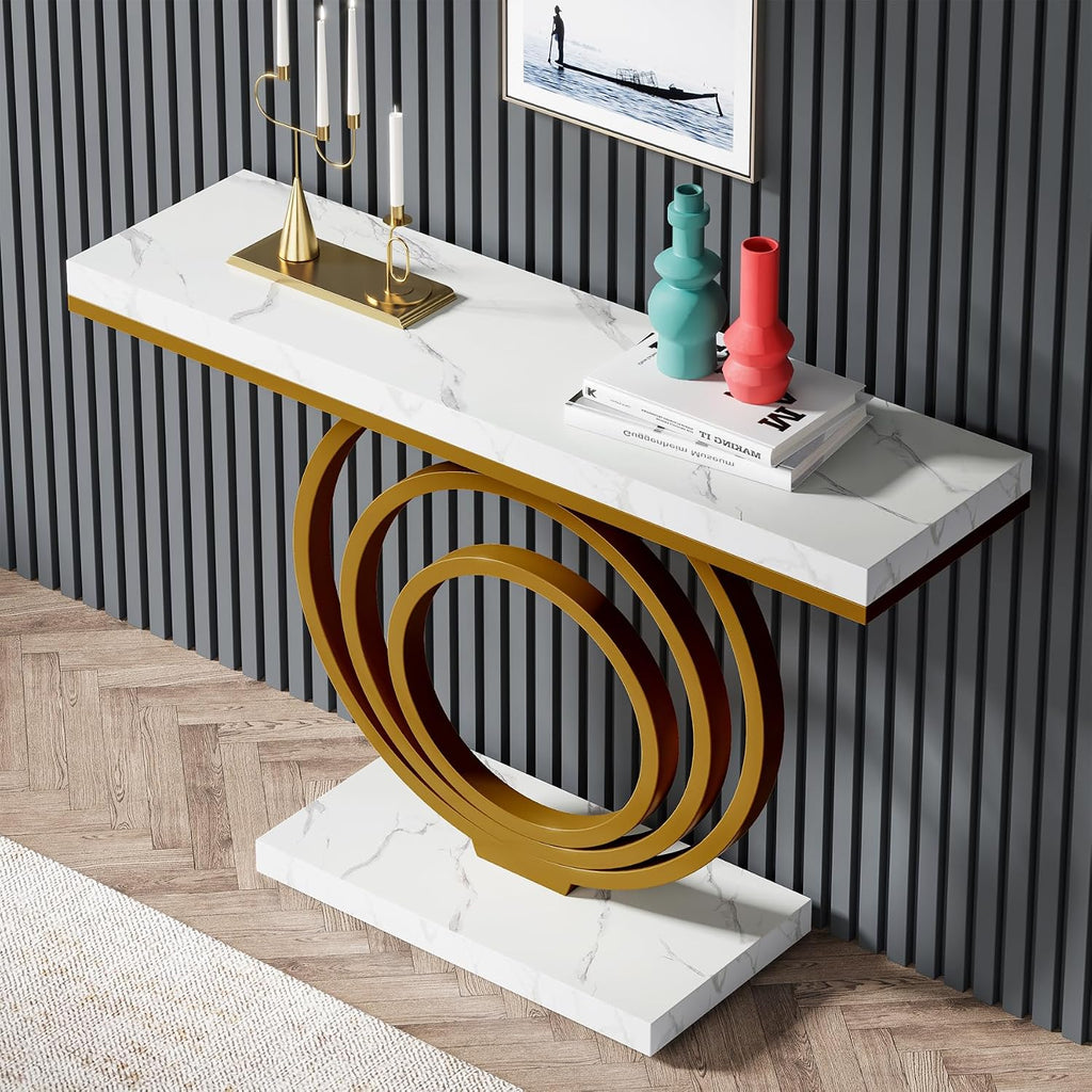 41-Inch Gold Entryway Table, Modern Console Table Narrow Long, Contemporary Accent Table , Entrance, Faux Marble