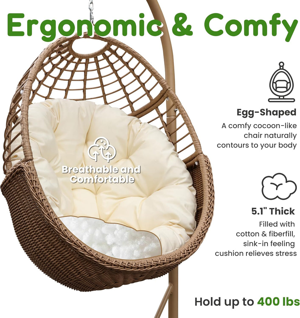Egg Swing Hanging Chair with Stand, Patio PE Rattan Hammock, Brown | Hand Woven, Weather Resistant, Comfy Cushion