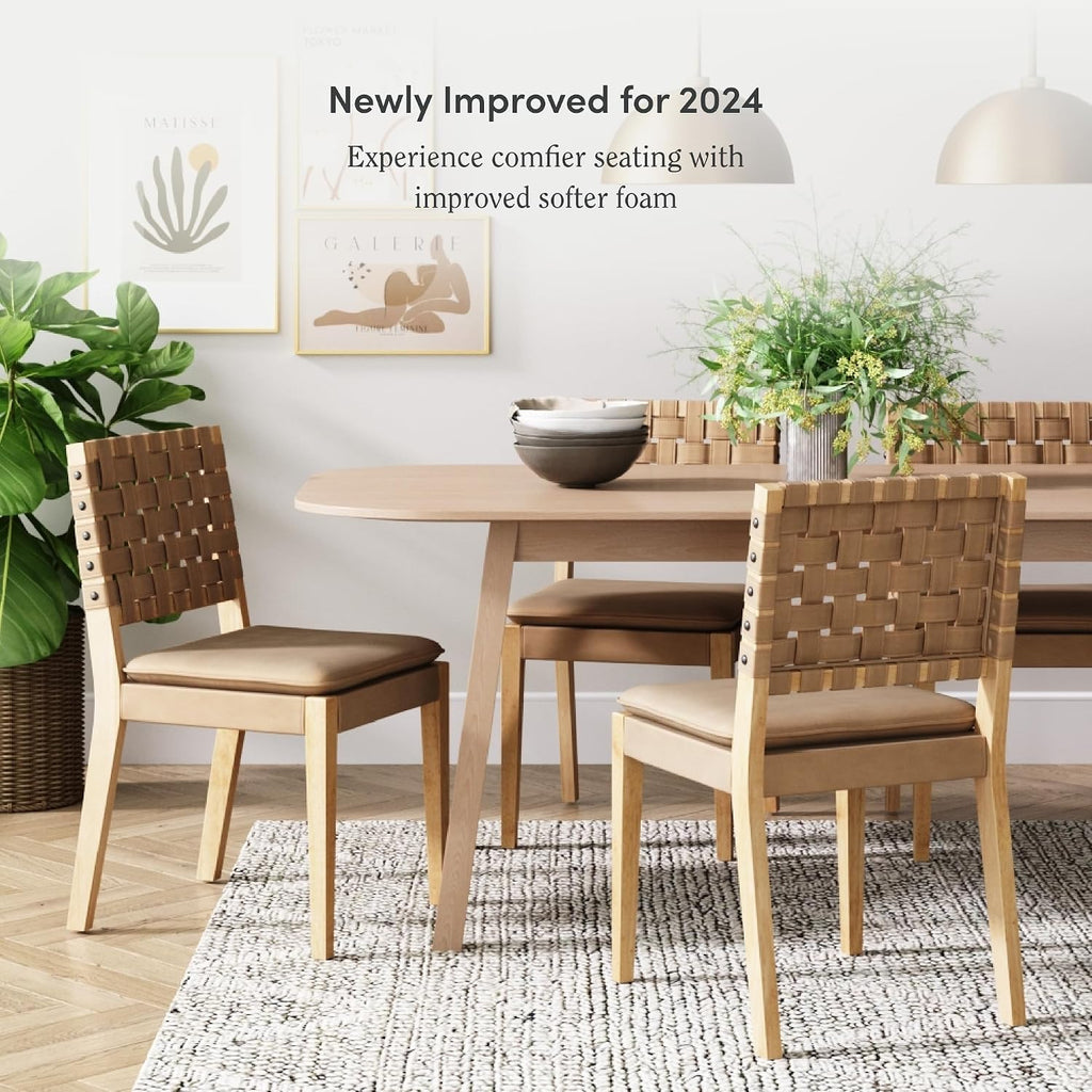 Wood Dining Chair, Mid-Century Modern Upholstered Side Chair with Hand Woven Faux Leather Backrest, 20"D x 18"W