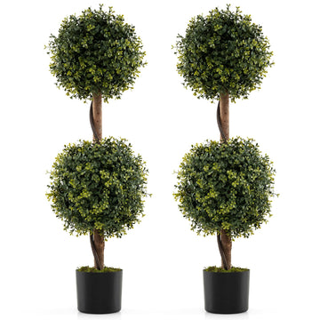 3 FT Artificial Boxwood Topiary Trees, Set of 2 Faux Outdoor Topiary Ball Tree with Cement-Filled Pot, Fake Greenery