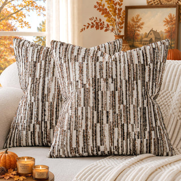 Boho Striped Decorative Throw Pillow Covers 20"X20" Set of 2, Dark Brown
