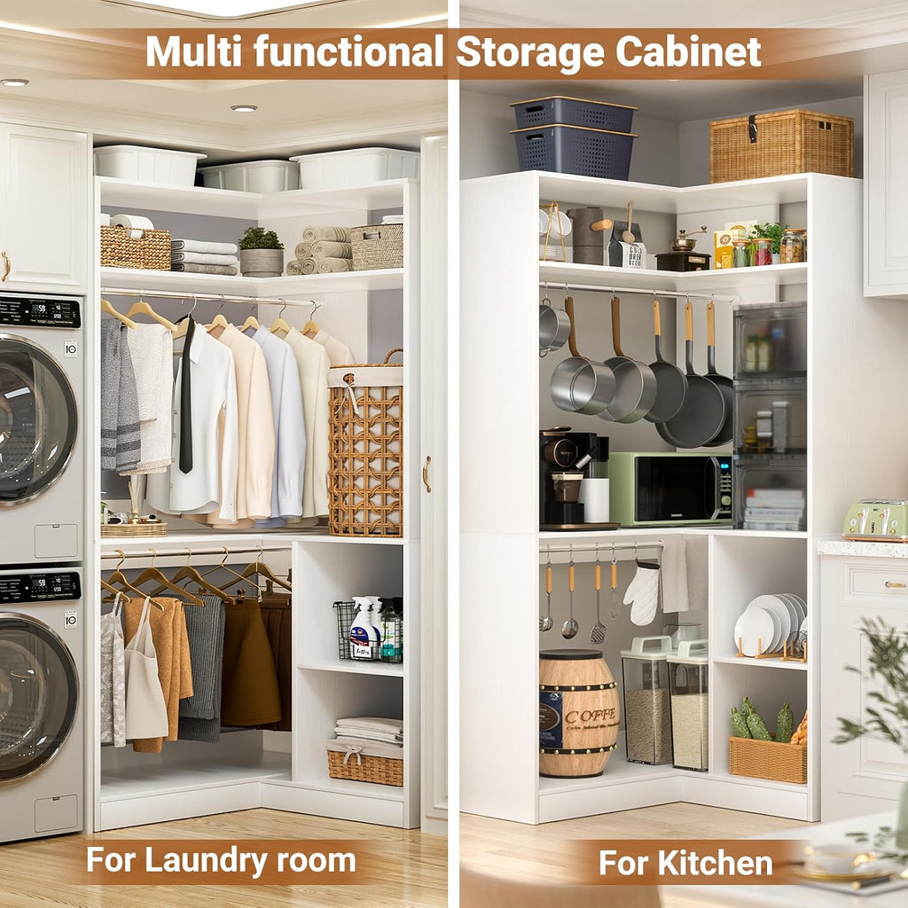 Corner Closet System With Shelves, 34'' Organizer With Hanging Rods, Wood Walk-in for Small Space, Freestanding