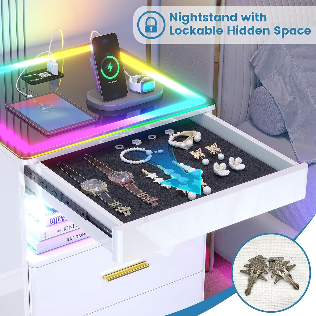 LED Nightstand with RGB Lights - Smart Night Stand with Charging Station, Modern Bedside Table with Tempered Glass