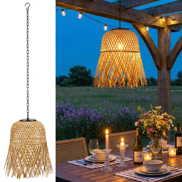 Solar Chandelier Outdoor, Bamboo Handmade Rattan Pendant Light, Rustic Retro Boho Hanging Lanterns for Gazebo Yard