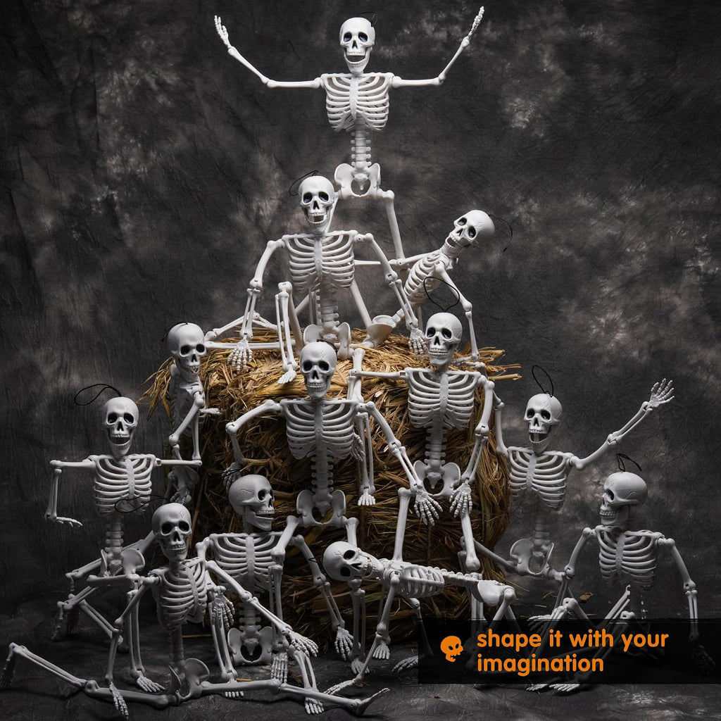 16" Halloween Skeleton Decor, Full Body Movable Stayable Joints Plastic Skeleton, Posable Hanging Skeletons - Set of 12