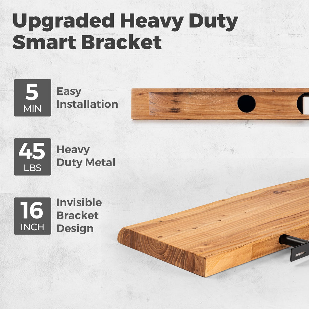 Live Edge Elm Floating Shelves - 22" W x 9.3" D Rustic Solid Wood Wall Shelves with Invisible Bracket, Wall-Mounted