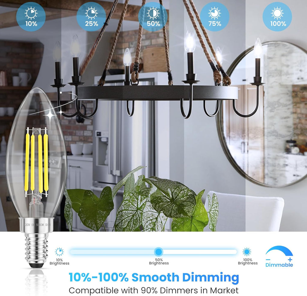 E12 Candelabra LED Bulb 60W Equivalent, 600LM Dimmable Chandelier Light Bulbs, 5000K Daylight White, 85+ CRI Candle