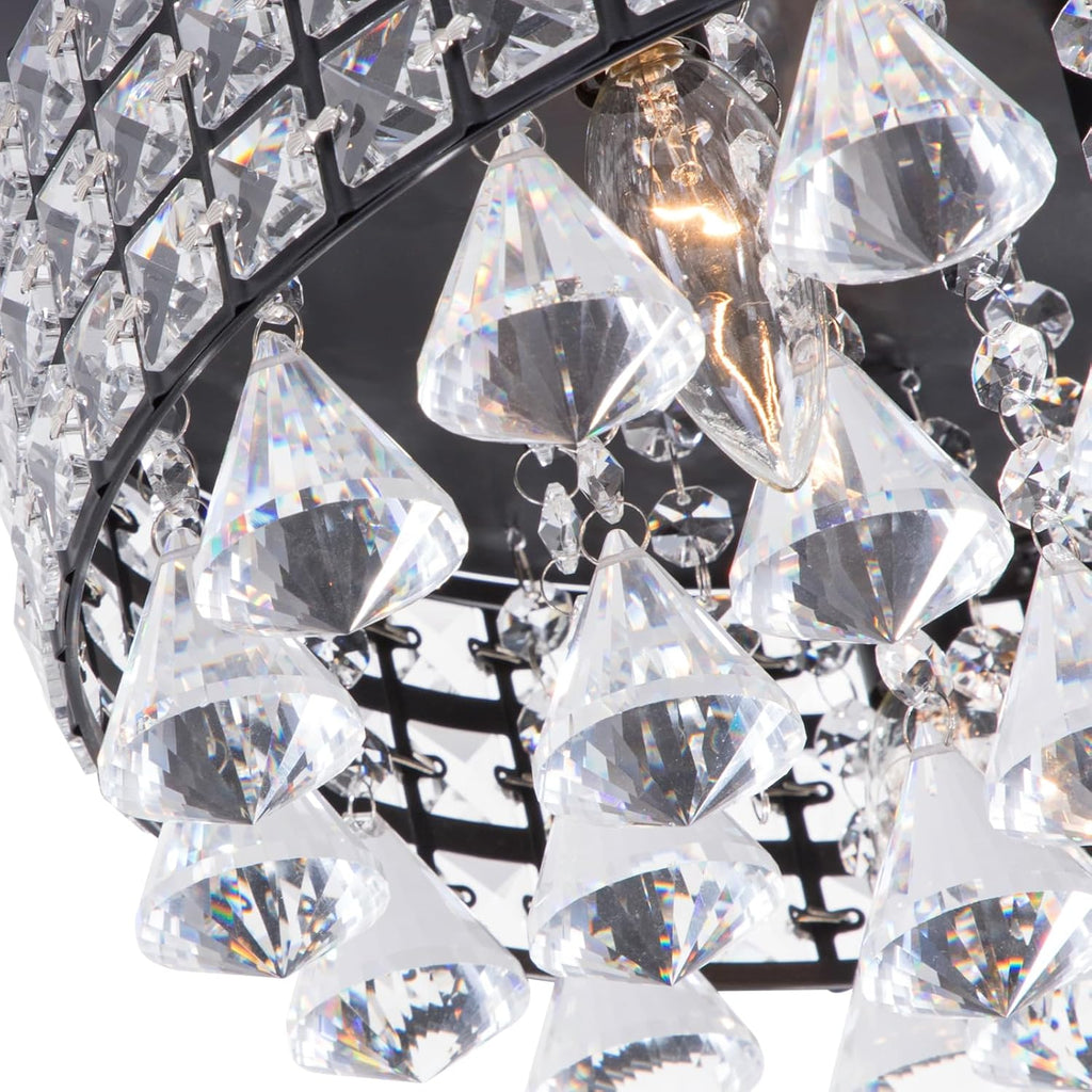 4 Lights Crystal Chandelier, Recessed Drum Ceiling Light, Mini Crystal Flush Mount Round Metal Shade Raindrop