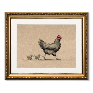 Gold Framed Canvas Wall Art, Vintage Mother Hen with Chicks, Cute Animal Art Prints, Decorative Farmhouse Style