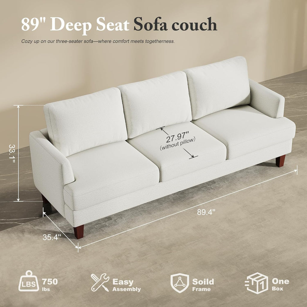 3 Seater Sofa Couch with Deep Seats, 89" Mid Century Modern Upholstered Sofa with Armrests