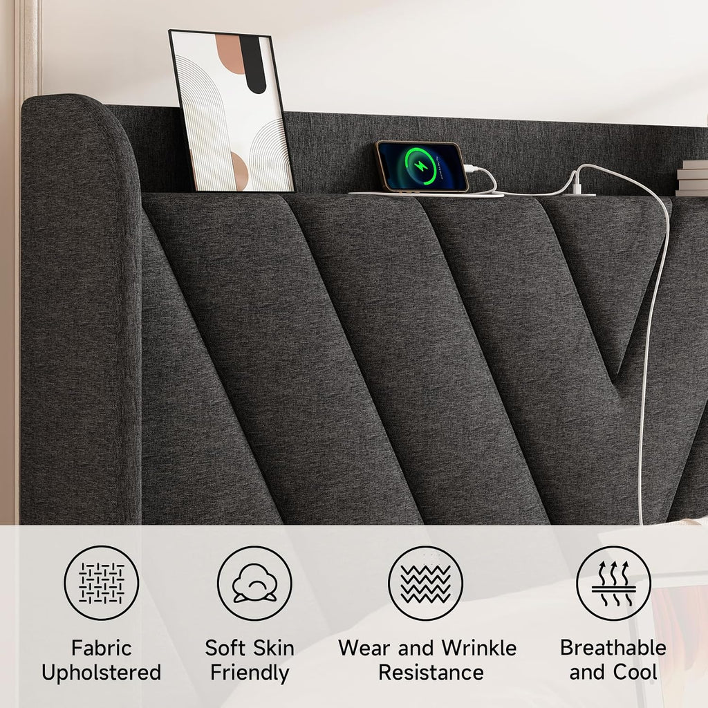 Queen Bed Frame with Headboard, Adjustable Upholstered Platform Bed Frame with Type-C&USB Ports