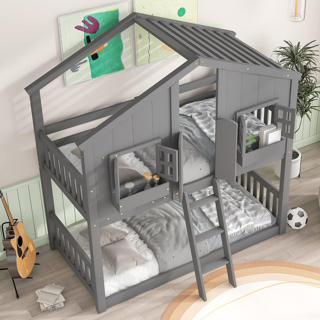 Twin Over Twin Low House Bunk Bed with Roof, Window and Built-in Window Box, Wooden Floor Playhouse Bed Frame with