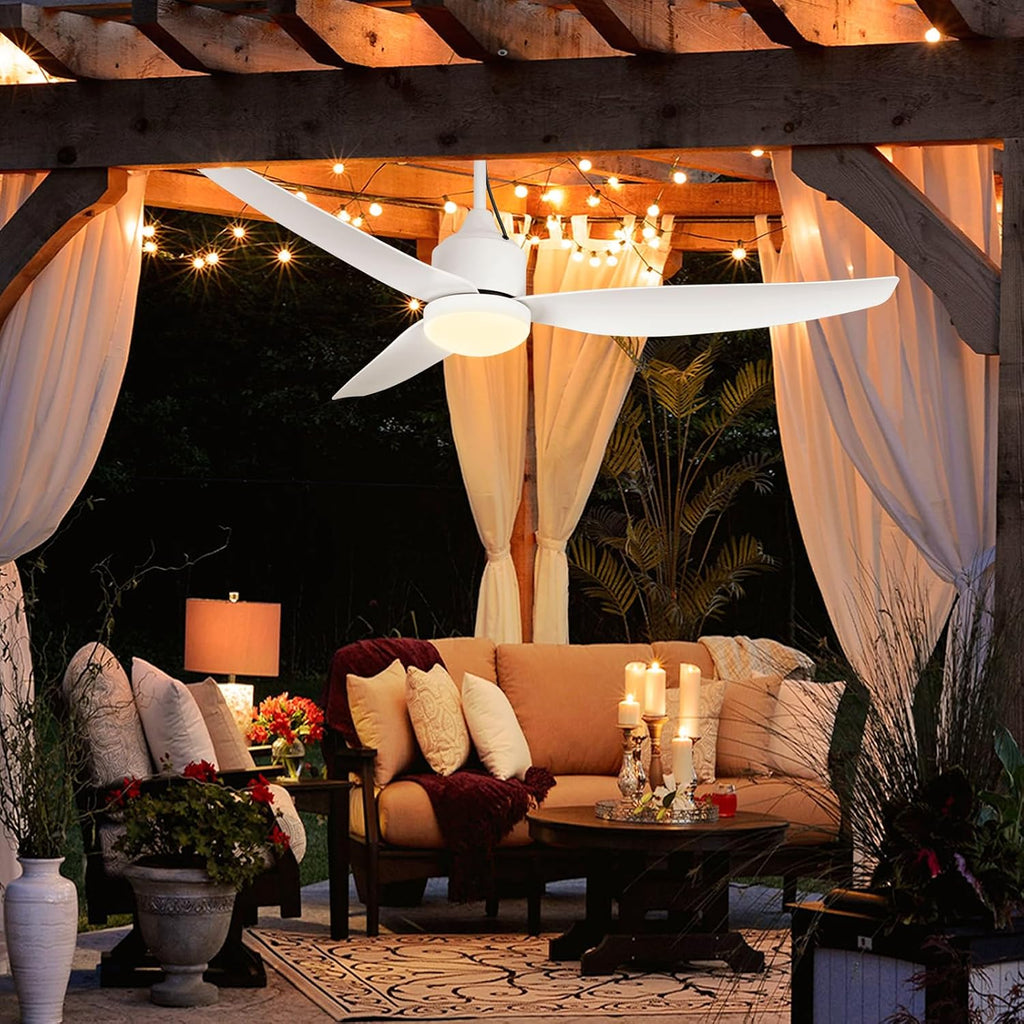 52 Inch Waterproof Gazebo Fans with Lights Outdoor Hanging - Plug in Remote App Control for Patio Indoor Farmhouse Porch - White 6 Speed Reversible DC Motor