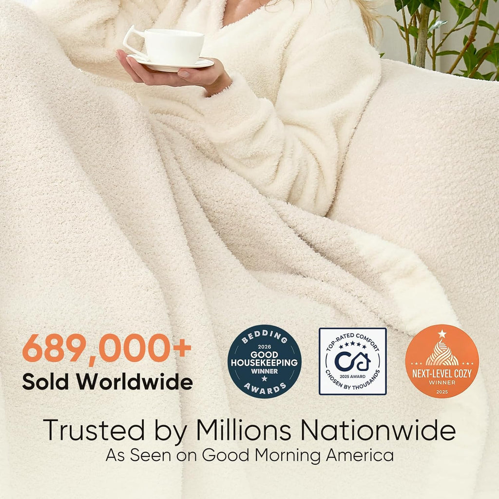 Buttery Ivory Throw Blanket, Reversible Super Soft Knitted Blankets, Warm Cozy Knit Fuzzy Plush Lightweight Throws