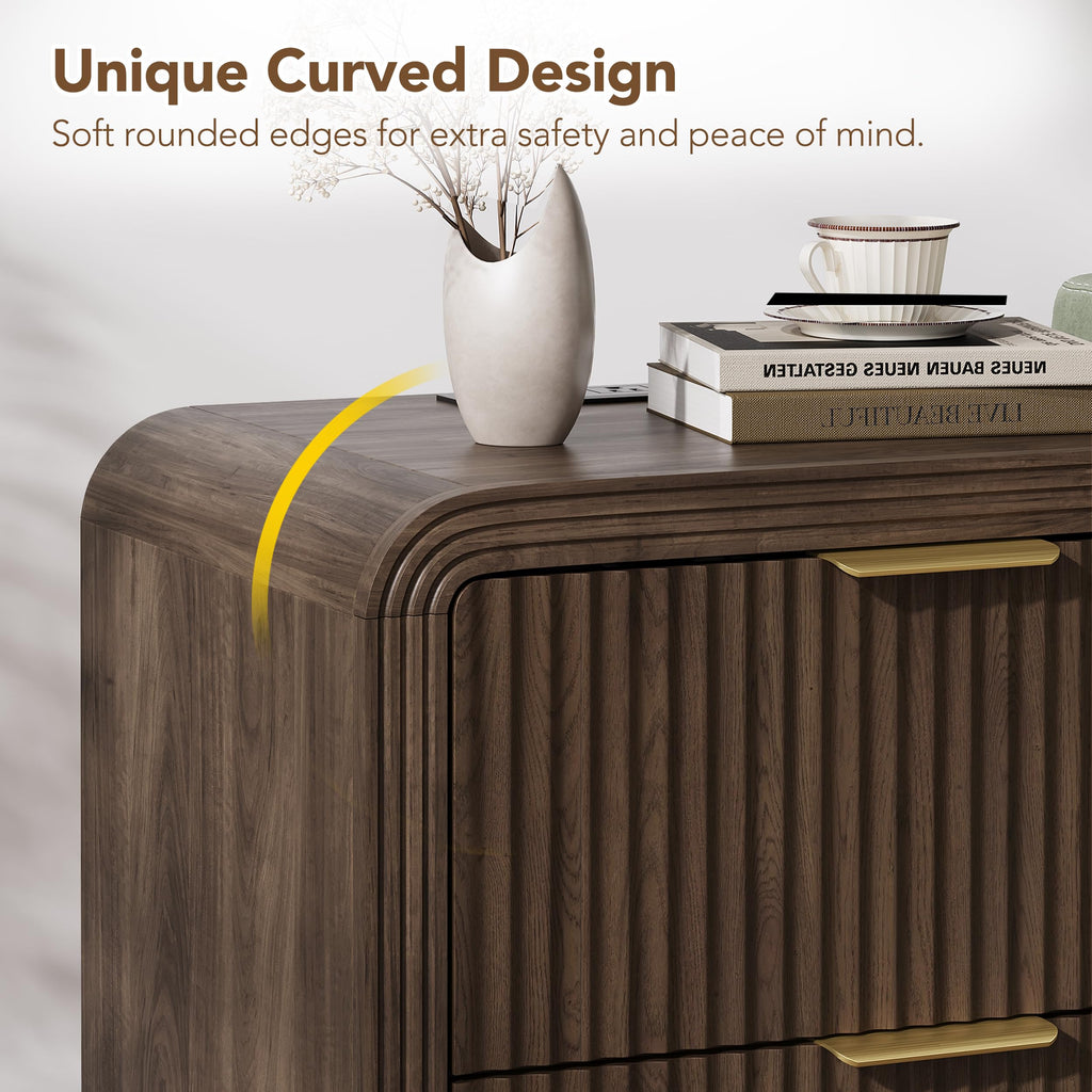 23'' Wide Fluted Nightstand with Charging Station, Walnut
