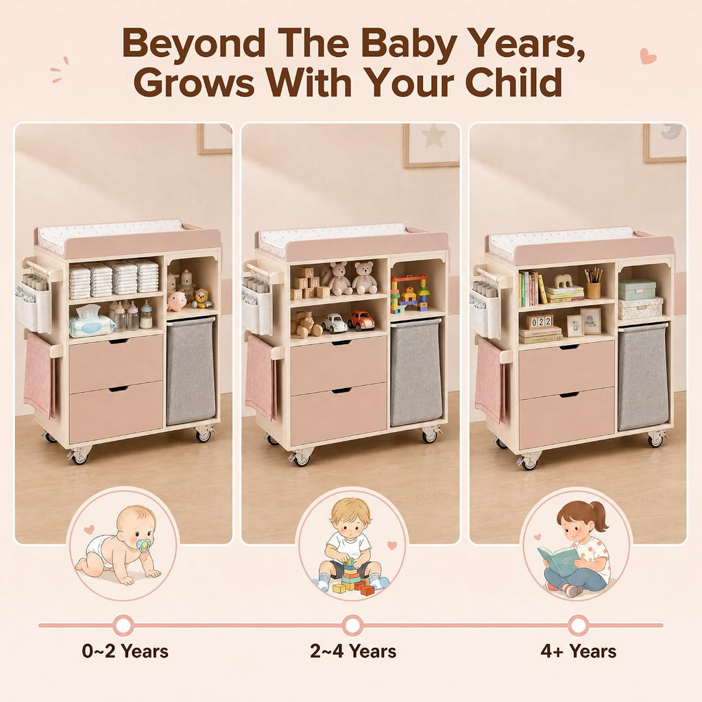 Baby Changing Table, Solid Wood, Drawers & Storage, Rolling, Waterproof Pad | Solid wood frame for durability