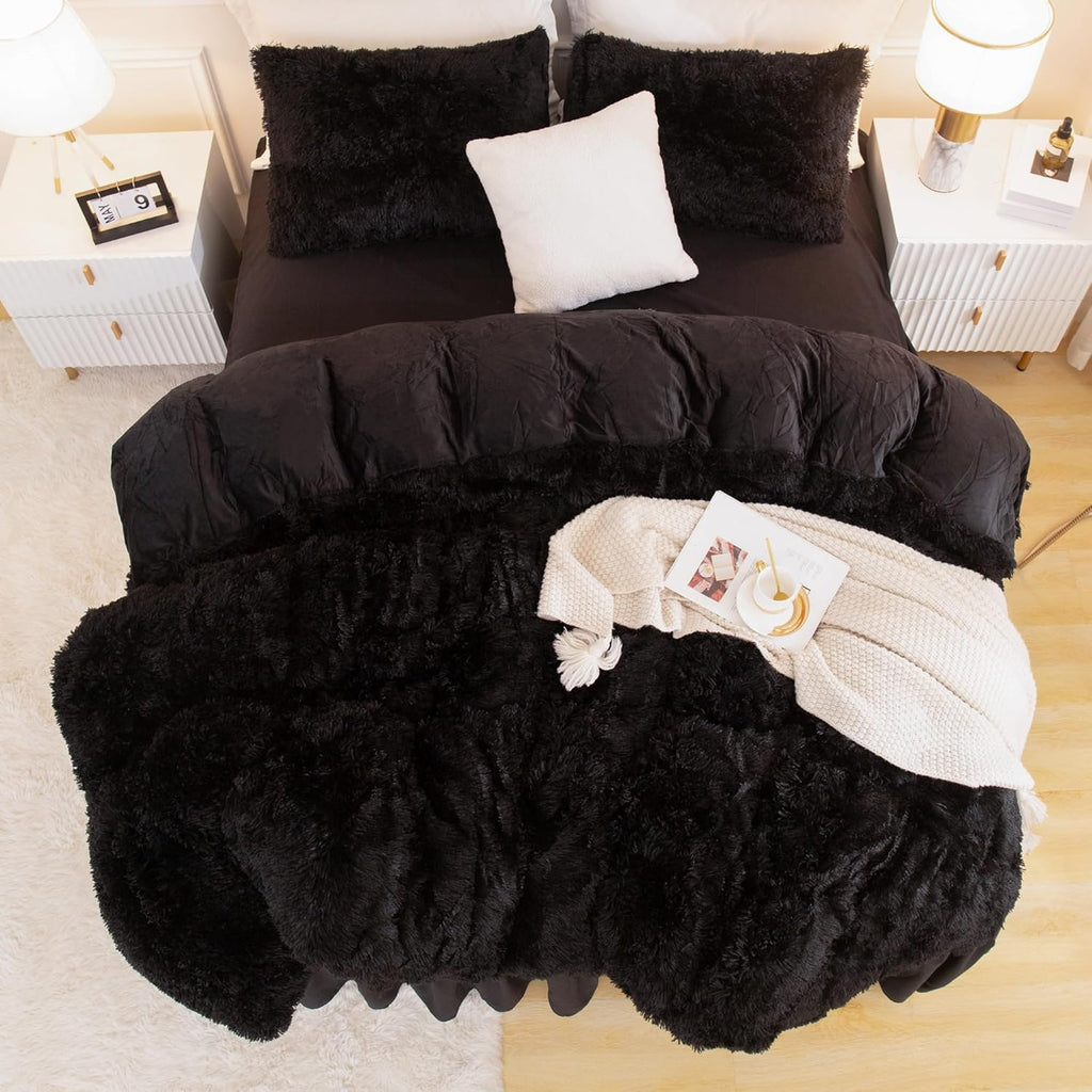 Comforter Set Black, Fluffy Winter Faux Fur Warm Soft Plush Bedding Comforter Set (1 Velvet Comforter & 2