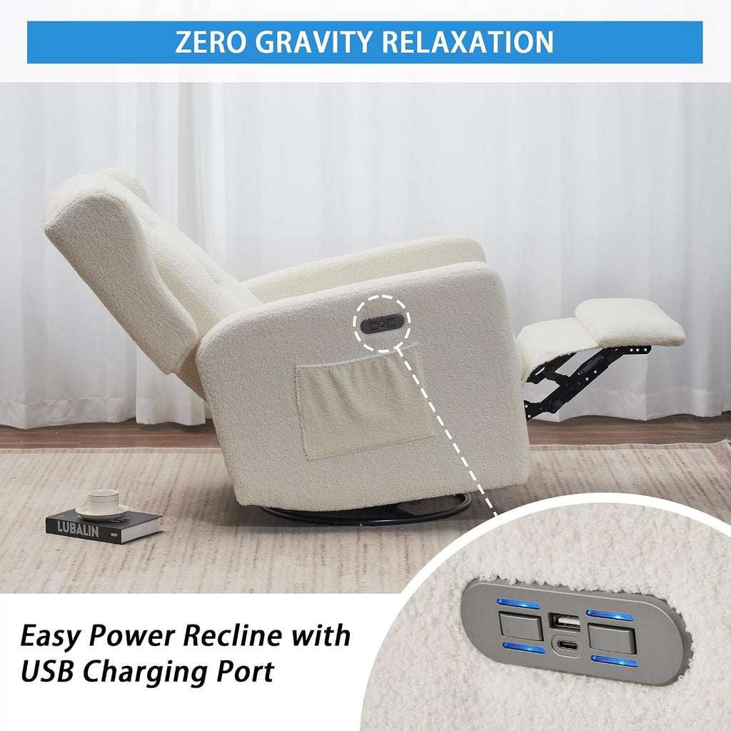 Swivel Rocker Power Recliner Chair, 270° Swivel Glider Recliner with USB & Type-C Charging, Electric Reclining Chair